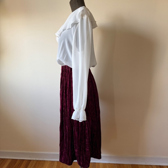 Unique Vintage 90s Burgundy Velvet Ruffle Blouse Dress - Picture 3 of 9